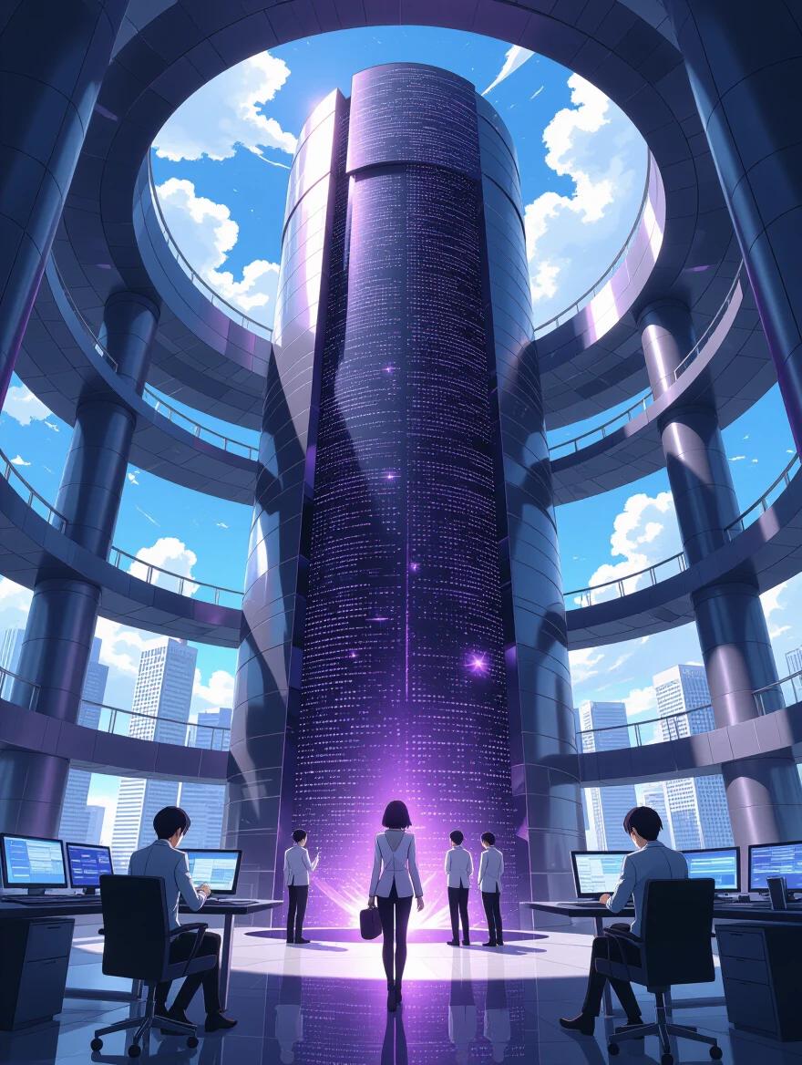 Anime scene set in 2204. Focus on a luxurious black hole society building housing a supercomputer. Six technicians, dressed in edgy black outfits, work at sleek computer stations with a view of the skyline. The scene is vibrant with purple and black hues. It is summer, noon with bright skies.