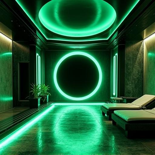 Anime inspired scene of a luxurious spa inside an oversized building. Emerald green and black color scheme used in a modern, high-tech style. Space features advanced design elements and neon lighting. Located in Shanghai on Black Hole Avenue.