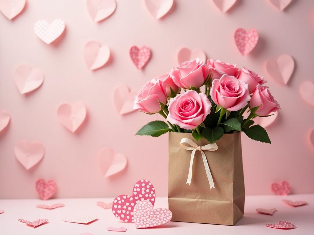 A Valentine's Day background features a simple yet charming scene with pink roses elegantly arranged in a brown paper bag. The bag is adorned with a delicate bow, adding a touch of sweetness to the display. Nearby, there are paper hearts, beautifully patterned, that enhance the romantic theme of the setting. The backdrop is softly blurred, emphasizing the lovely details of the roses and hearts. This composition embodies the spirit of love and celebration, making it perfect for Valentine's Day.