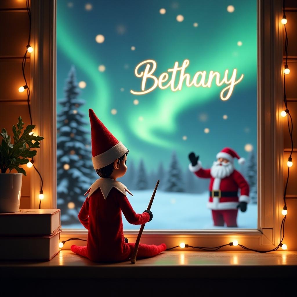 Cozy Christmas scene with an elf on the shelf sitting with back facing viewer. Elf holds a wand writing 'Bethany' in the sky. Outside window is a winter landscape with northern lights and Santa Claus. Warm string lights enhancing festivity. Elf wears traditional red suit and hat. Scene captures wonder of holiday season.