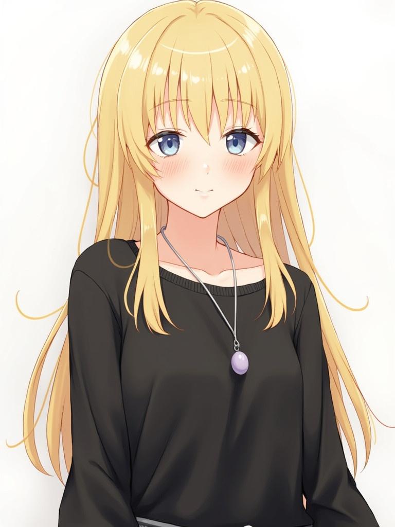 Blonde girl with long hair. Casual black outfit. Necklace is worn. Portrait in anime style. Fashionable appearance.