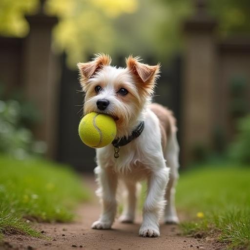 A small terrier carries a worn tennis ball in its mouth. The dog stands in a quaint English garden. A gate is in the background. The scene captures companionship and resolution.