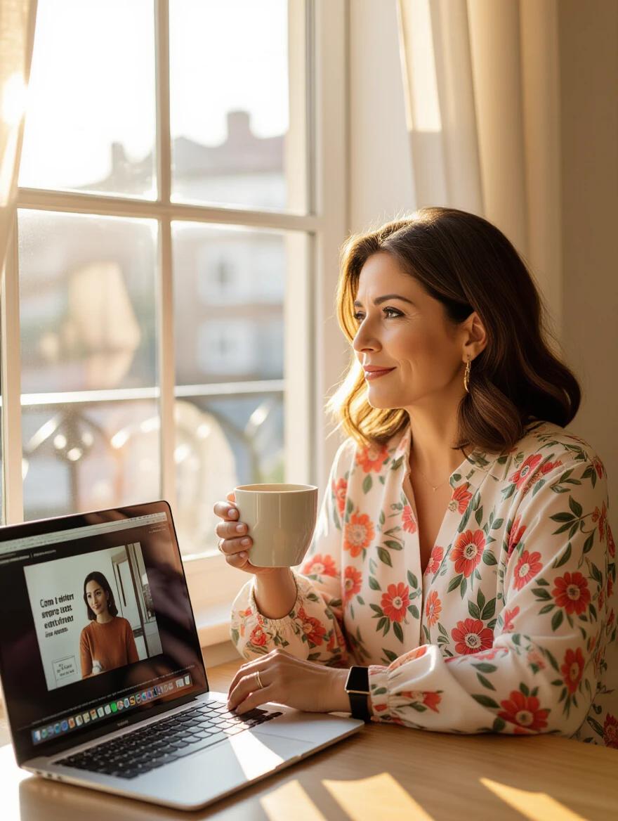 Woman in floral blouse sits with a cup of coffee. Laptop shows paused online class. She looks thoughtfully out the window. Soft sunlight streams through curtains. Uplifting atmosphere in a warm color palette.