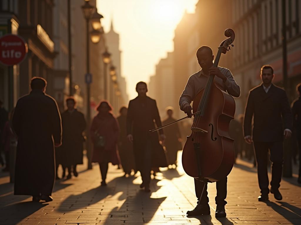 Photo features an African male musician performing with a double bass in a busy city street. People in European and Middle Eastern clothing pass by. The scene captures warm golden late afternoon light. The low-angle shot emphasizes the lively urban environment.