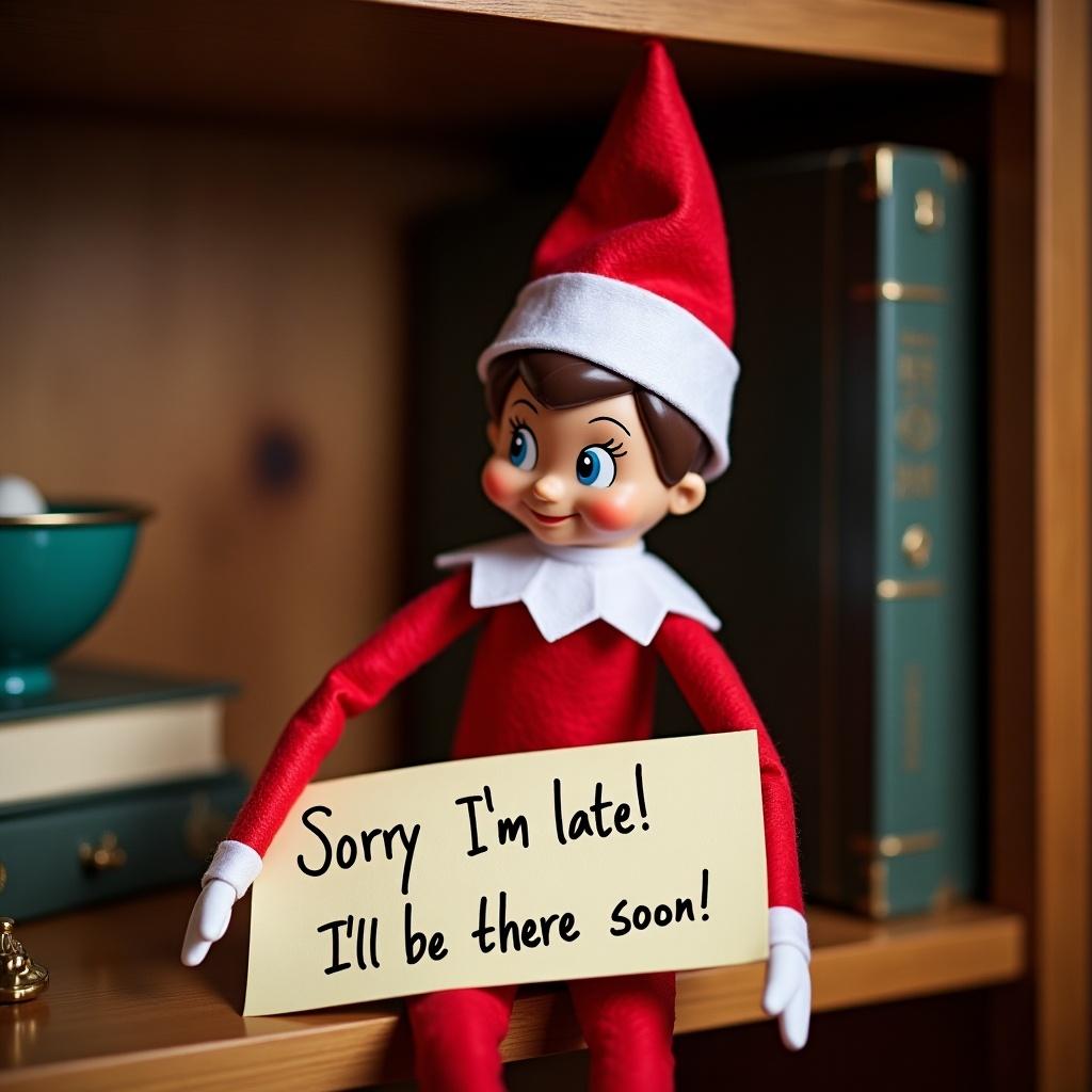 The image features a cheerful Elf on the Shelf doll seated on a wooden shelf. The elf, dressed in a classic red outfit with a white collar, is holding up a yellow sign. The sign reads, 'Sorry I'm late! I'll be there soon!' The background includes cozy wooden bookshelves filled with decorative items, creating a warm holiday atmosphere. The elf's expression is playful and inviting, adding a sense of fun. Soft lighting enhances the festive feel, making it perfect for holiday-themed illustrations.