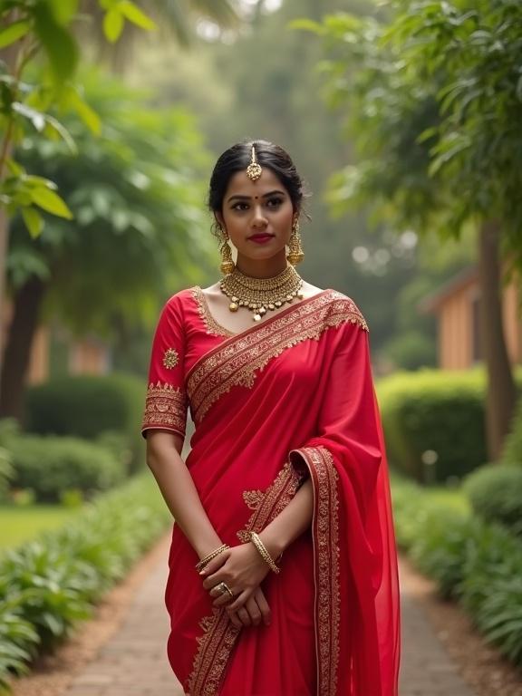 Front view of an Indian woman in a red bridal saree standing gracefully in a garden. Surrounded by greenery, showcasing traditional attire.
