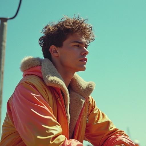 Portrait of a young man wearing an orange jacket with a cozy collar. Captured in soft lighting, the subject gazes into the distance. The backdrop hints at streetwear culture. Colors and mood reflect a modern aesthetic.