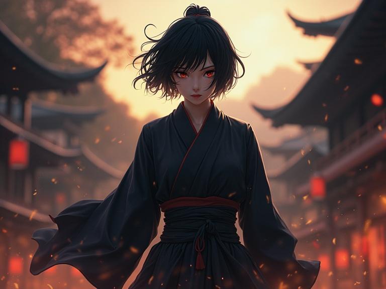 Illustration features a beautiful Japanese ninja with short black hair. The character is in an action pose in a full-body shot. Cinematic lighting enhances the dramatic background of a historical Japanese setting. The character's expression conveys determination and strength.