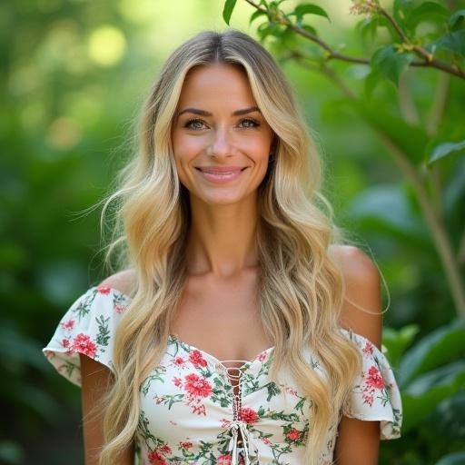 Woman with long wavy blonde hair wearing a floral-patterned dress. Smiling gently at the camera. Surrounded by vibrant greenery. Scene conveys warmth and serenity.