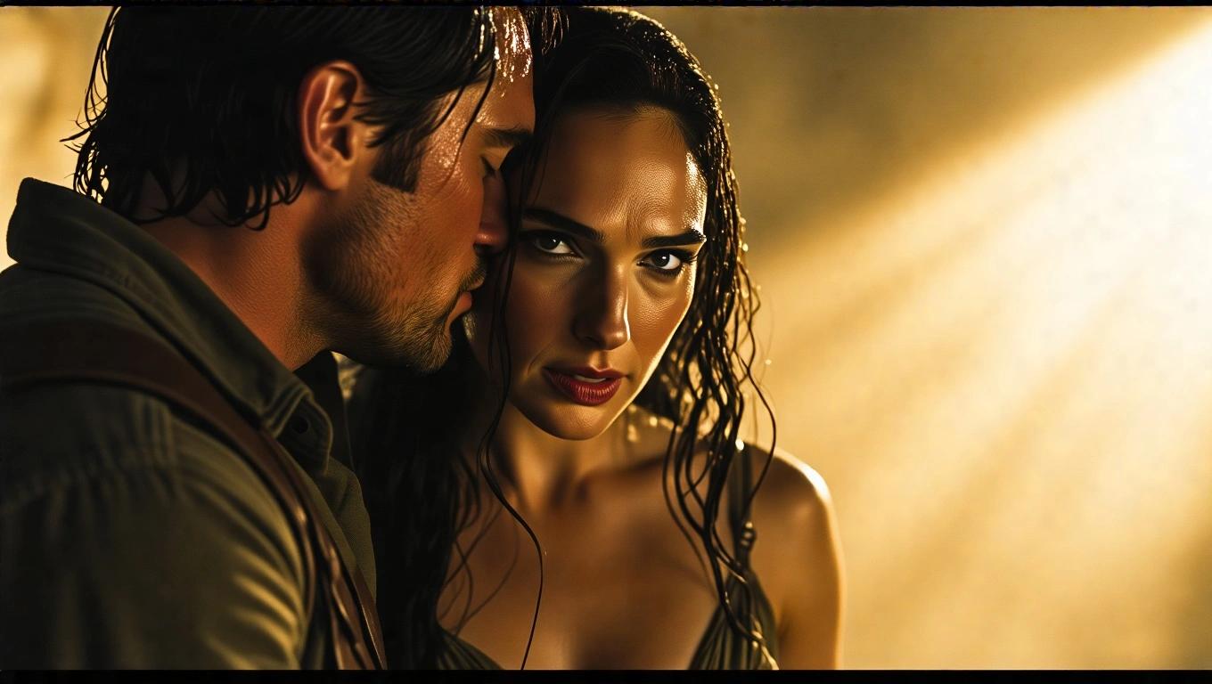 A man kisses a woman on the forehead in a close-up shot with dramatic lighting. Skin has beads of sweat. Intimate scene with enhanced shadows. Cinematic style with film grain and vignette effect.