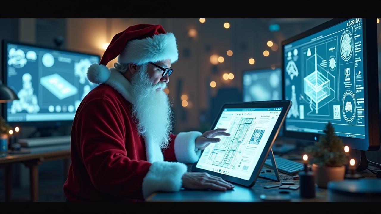 Interior shot of a high-tech workshop. Santa Claus works at multiple screens filled with holographic designs. Soft glow from the screens illuminates his face. Magical holiday atmosphere. Santa uses AI-powered tools to create a BIM model.