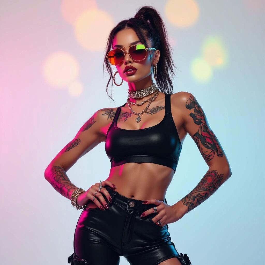 Portrait of a power stance featuring a classy and edgy tattooed model in sunglasses with soft colorful lighting creating a dreamy atmosphere.