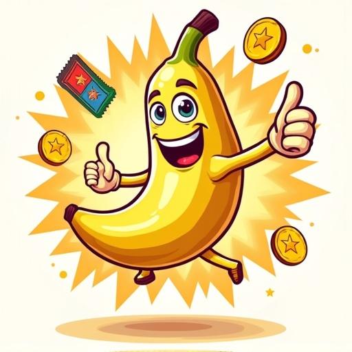 A cheerful banana character halfway peeled is jumping. The banana has arms and legs, one hand up giving a thumbs-up. It has a big smile with teeth, glossy eyes with highlights, and arched eyebrows. Behind it is a bright explosion in yellows and oranges. Surrounding are gold coins and colorful tickets. Bold outlines and smooth gradients create a lively cartoon look.