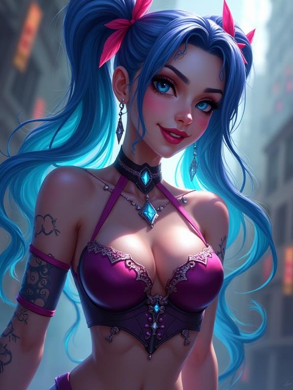 portrait of a female character with blue hair wearing a purple outfit in an urban setting