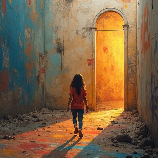 A child walks towards a brightly lit doorway in a colorful, abandoned space. The walls show vibrant colors and graffiti. The ground is dusty with scattered debris.