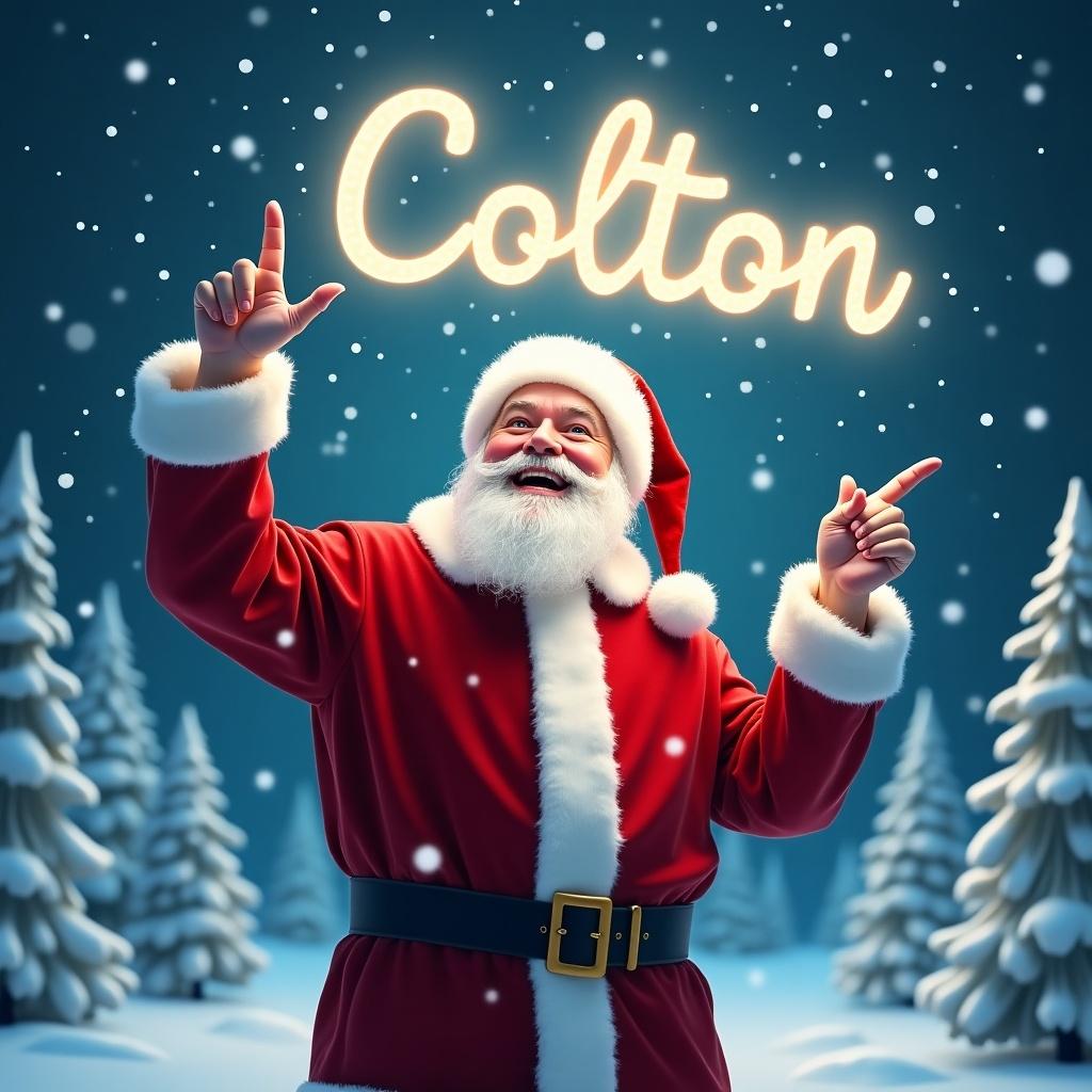 The image depicts a joyful Santa Claus standing in a winter wonderland. He is dressed in his traditional red suit with white trim and a matching hat. Santa is pointing upward as if he is magically writing a name in the sky. Snowflakes gently fall around him, adding to the festive atmosphere. In the sky, the name 'Colton' is written in bright, glowing letters. The background features snowy trees, enhancing the Christmas scene.