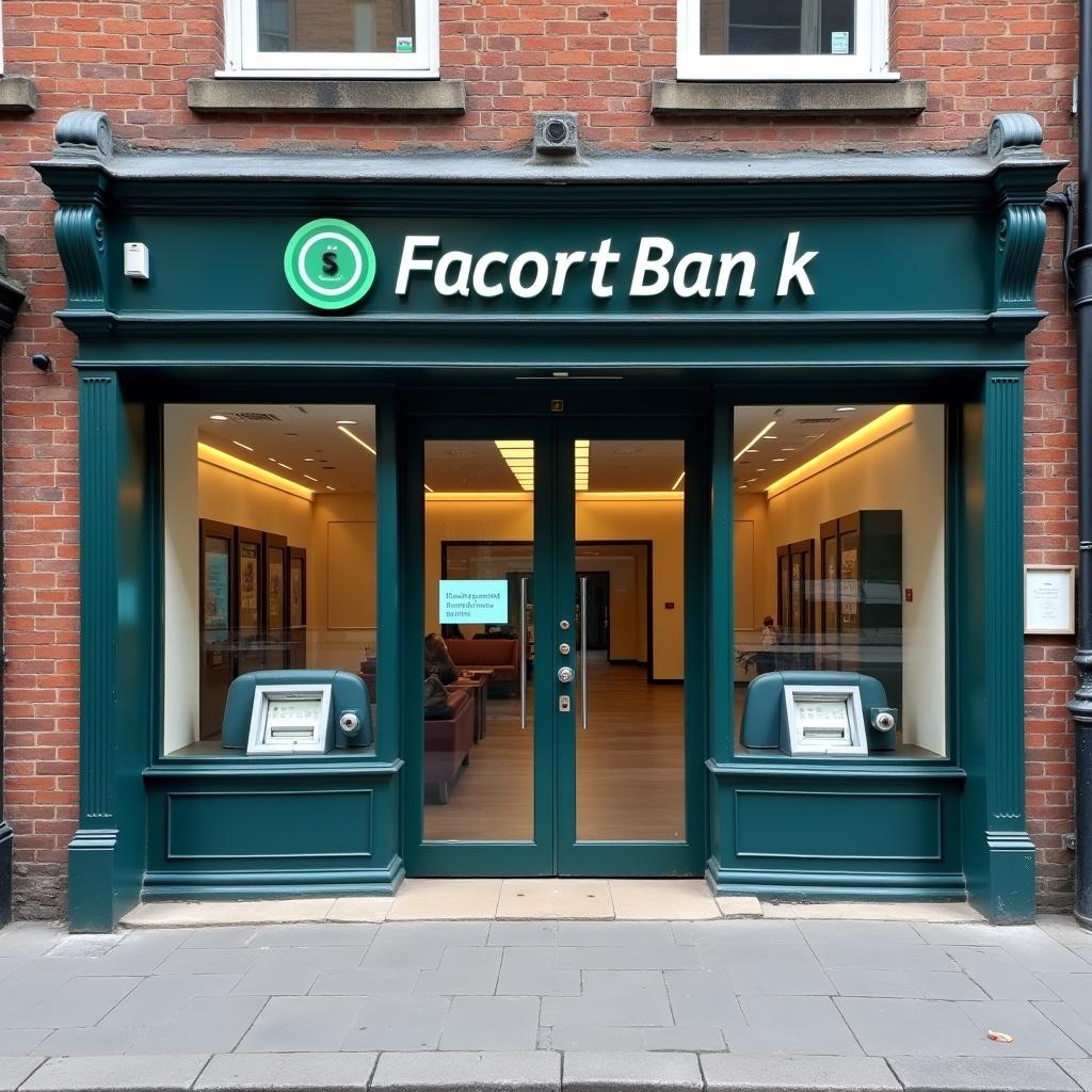 Front bank branch entrance with a UK style. Features windows and an external ATM.