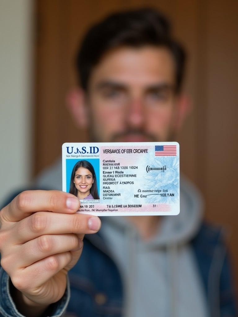 US ID card is held up in front of a person. Card has various personal details. The background is slightly blurred. The person is wearing a casual hoodie.