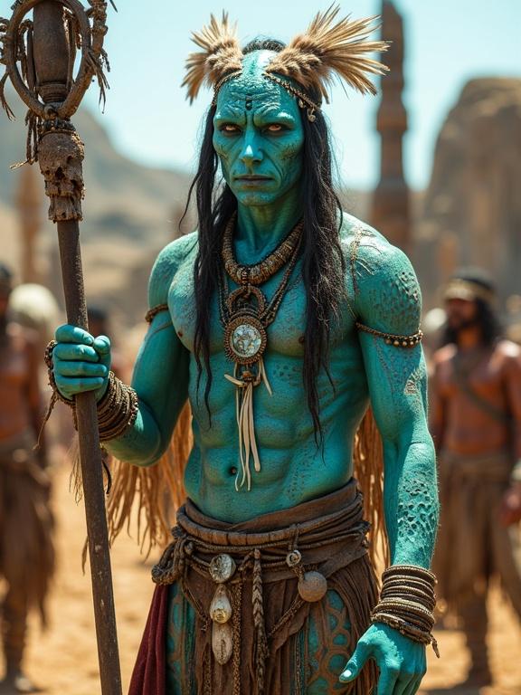 A turquoise humanoid shaman in a tribal village. Skin resembles rough turquoise with tribal patterns. Eyes are like polished abalone. Adorned with feathers, bone, silver. Holding a ceremonial staff. Surrounded by totems in a sunlit environment.