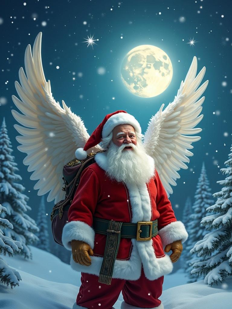 Magical scene features Santa Claus with angel wings. Snowflakes falling in a moonlit setting. Traditional red and white attire embodies festive spirit. Name ‘Micky’ is visible across the night sky.