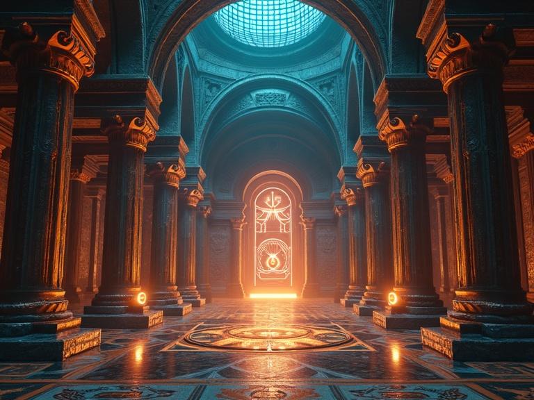Ancient library features quantum servers glowing glyphs. The architecture includes grand pillars and an illuminated doorway. Atmospheric lighting enhances the mystical feel of the scene.