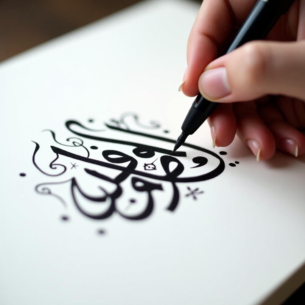 The image showcases a close-up view of a person's hand as it skillfully writes Arabic calligraphy. The calligraphy is formed with bold black ink against a clean white background, creating a striking visual contrast. The focus is on the steady hand and intricate letters being crafted with precision. Surrounding the main text are subtle artistic flourishes that enhance the overall beauty of the work. Soft lighting allows the fine details of the strokes to emerge, capturing the essence of Arabic calligraphy. This scene represents the cultural and artistic significance of this beautiful script in a modern context.