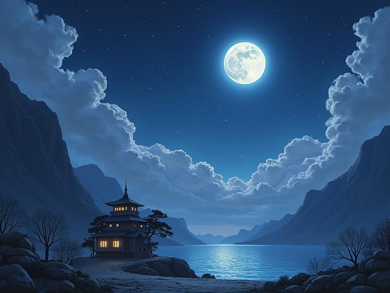A tranquil night scene featuring a house by a lakeside surrounded by mountains under a full moon. Soft clouds in the sky, creating a serene and mystical atmosphere.
