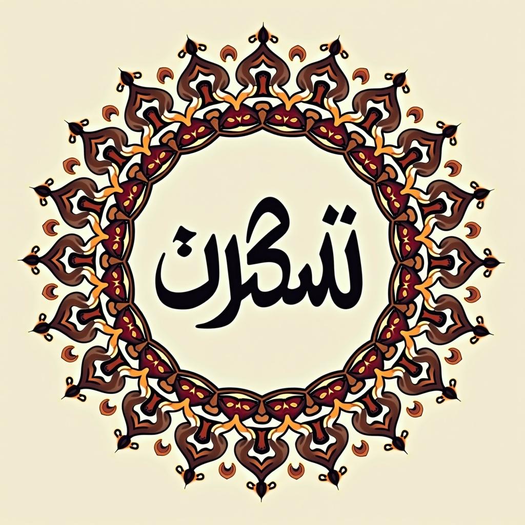 Intricate Thuluth calligraphy in a circular shape. The word 'تشكّر' prominently displayed at the center. Rich colors and detailed patterns surrounding the text.