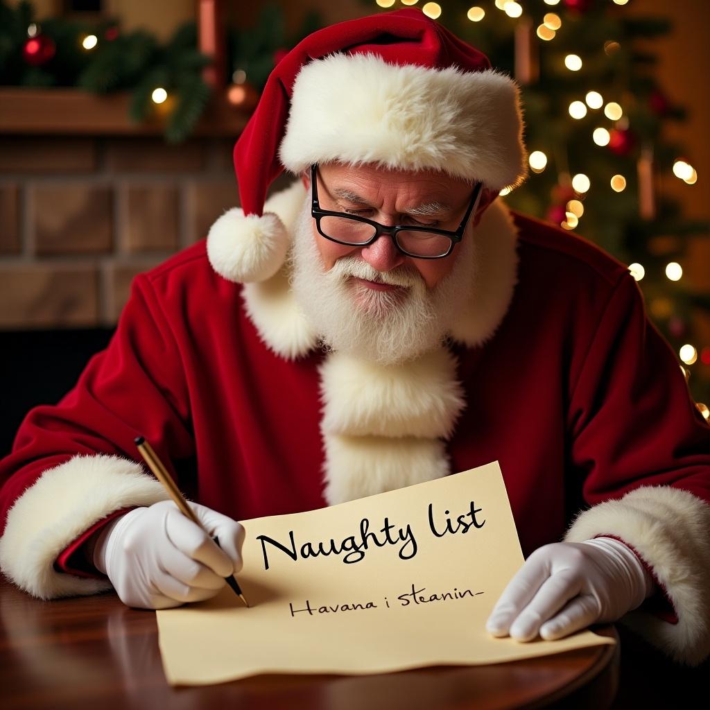 Santa Claus in a festive scene, writing on a parchment labeled Naughty List. Names Havana and Stefano are visible. The setting has Christmas decorations. Warm lighting enhances the cozy atmosphere.