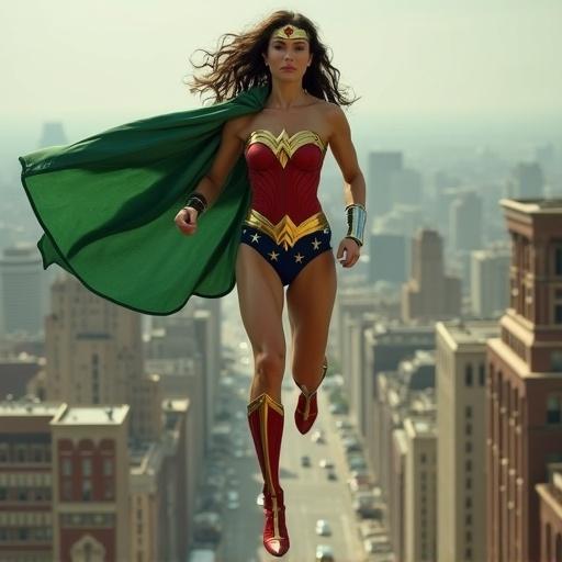 Wonder Woman runs across rooftops wearing a costume and green cape. The city skyline is in the background. She showcases power and agility.