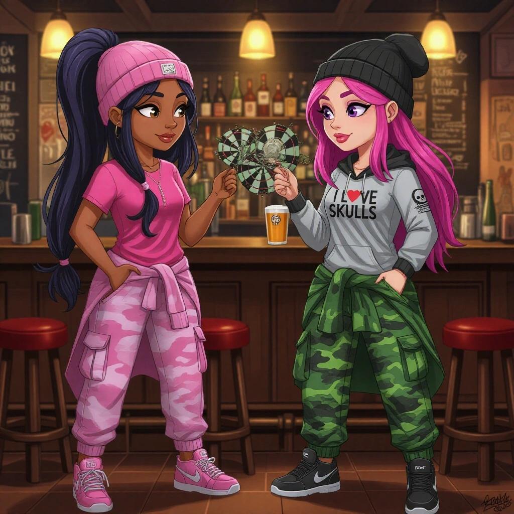 Brianna and Brandy at a pub, playing darts. Brianna has long dark blonde hair in a ponytail, pink beanie, pink shirt, pink tracksuit hoodie, pink camouflage cargo pants, and pink Nike sneakers. Brandy has pink hair, black beanie, grey shirt with 'I Love Skulls', green camouflage hoodie, green camouflage cargo pants, and black Nike sneakers.