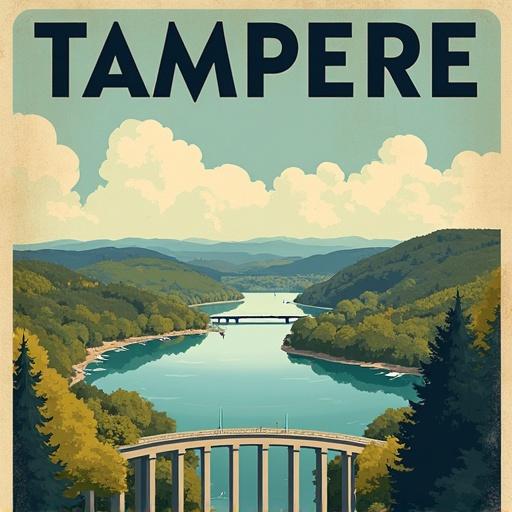 Vintage travel poster depicting Tampere Finland with a focus on Näsinneula. Centered image shows a serene river landscape framed by green hills and blue skies.