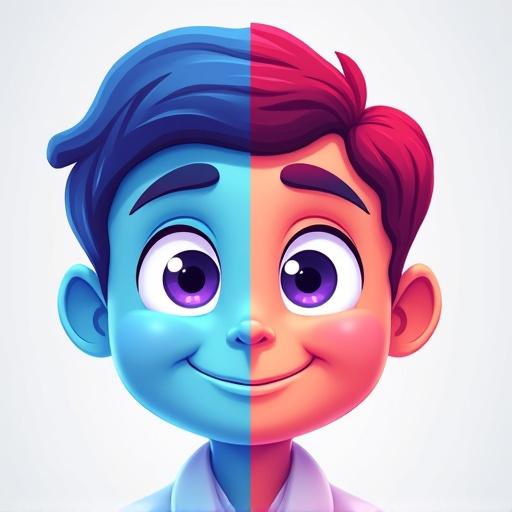 Design a friendly cartoon-style mascot representing a science character named Dr. Deoxy. Soft symmetrical features are emphasized. Character has expressive purple eyes gentle smile warm eyebrows. Left side of the face is blue for biochemistry and the right side is red for biotechnology. Character looks intelligent and approachable for educational logo.