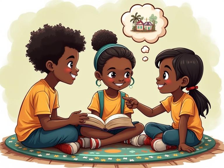 Illustration featuring three diverse Nigerian primary school children. Two boys and one girl sit together on a colorful mat. One boy holds an open book. The other boy points to a page. The girl listens with a thought bubble showing a simple image. Their smiles and engagement highlight the concept of sharing information.