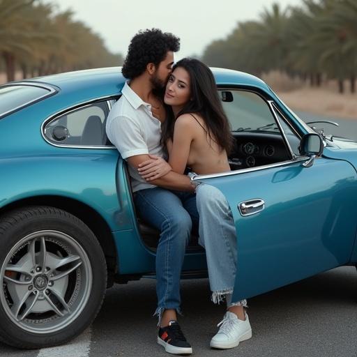 Image of a couple near a convertible blue sports car on a scenic road. The man and woman are posed, embracing. The woman is wearing a denim vest and shorts, while the man is in denim jeans and a shirt. They both gaze at the camera. The scene is aesthetic and romantic.
