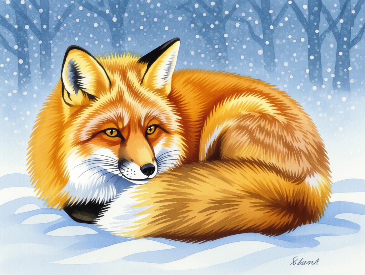 Watercolor painting of a fox curled up in snow. The fox has a vibrant orange fur color. Snow falls gently around. A serene winter landscape with soft blue hues in the background. The fox looks calm and cozy. Illustration captures the beauty of wildlife.