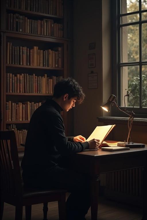 A student in dark academia style sitting at a desk in a library. The student is reading and writing in a notebook. A desk lamp provides warm light. The background features tall bookshelves filled with books.