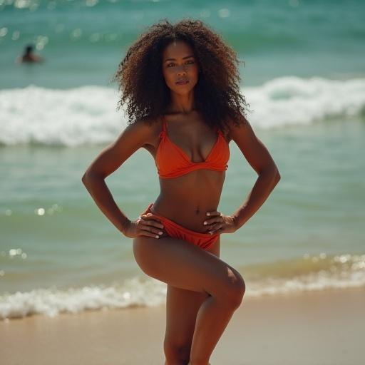 Brazilian woman with curly hair poses in a yoga cow pose by the beach. She wears a thin orange bikini. The ocean is in the background. The photo captures a sunny day and natural beauty.