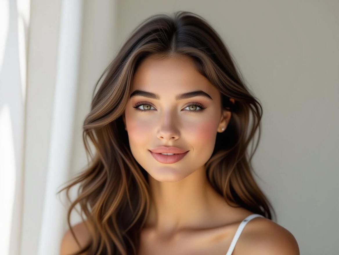 Elegant portrait of a woman. Young adult with vibrant eyes. Balanced aesthetics with soft lighting. Natural facial features and minimal makeup. Captivating expression.