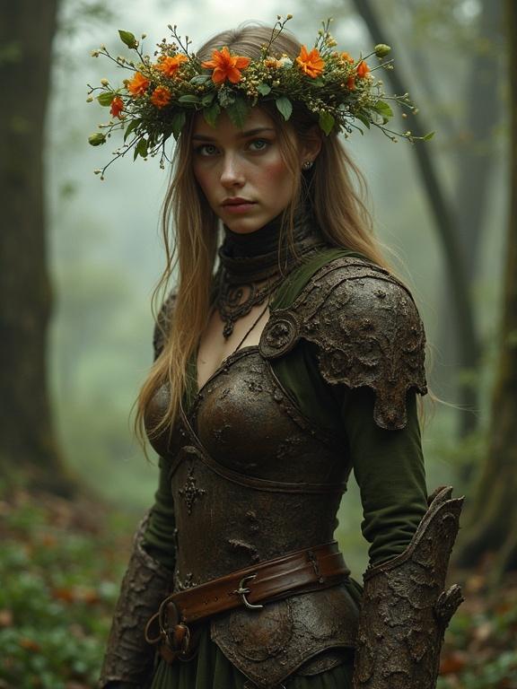 Female druid in armor made of tree bark stands in a forest. A flower head wreath decorates her head. She looks into the camera. The image has a dreamy mood and is a digital painting by Darek Zabrocki.