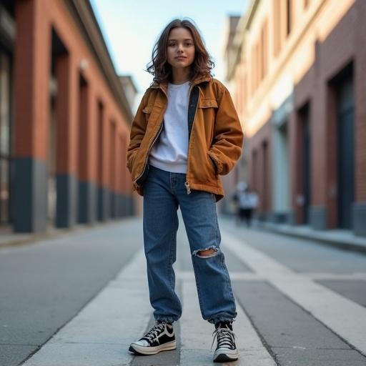 Trendy teen poses in an urban setting dressed in casual street style. Wears a brown jacket, gray sweatshirt, and blue jeans. Casual footwear is visible. City architecture serves as backdrop.