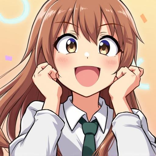 A happy female anime character with brown hair and a cheerful expression. She is wearing a school uniform, standing with her hands raised in excitement.