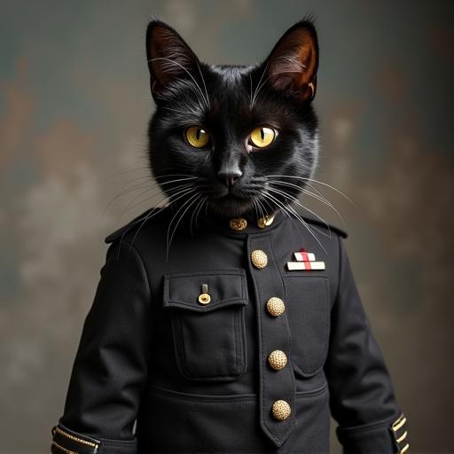 A black kitten wearing military attire commands attention. The ensemble features a fitted jacket with gold buttons. The kitten has sitting posture, embodying a charming yet serious demeanor. Its large, striking eyes and sleek fur enhance the overall effect. The background is softly blurred to highlight the subject.