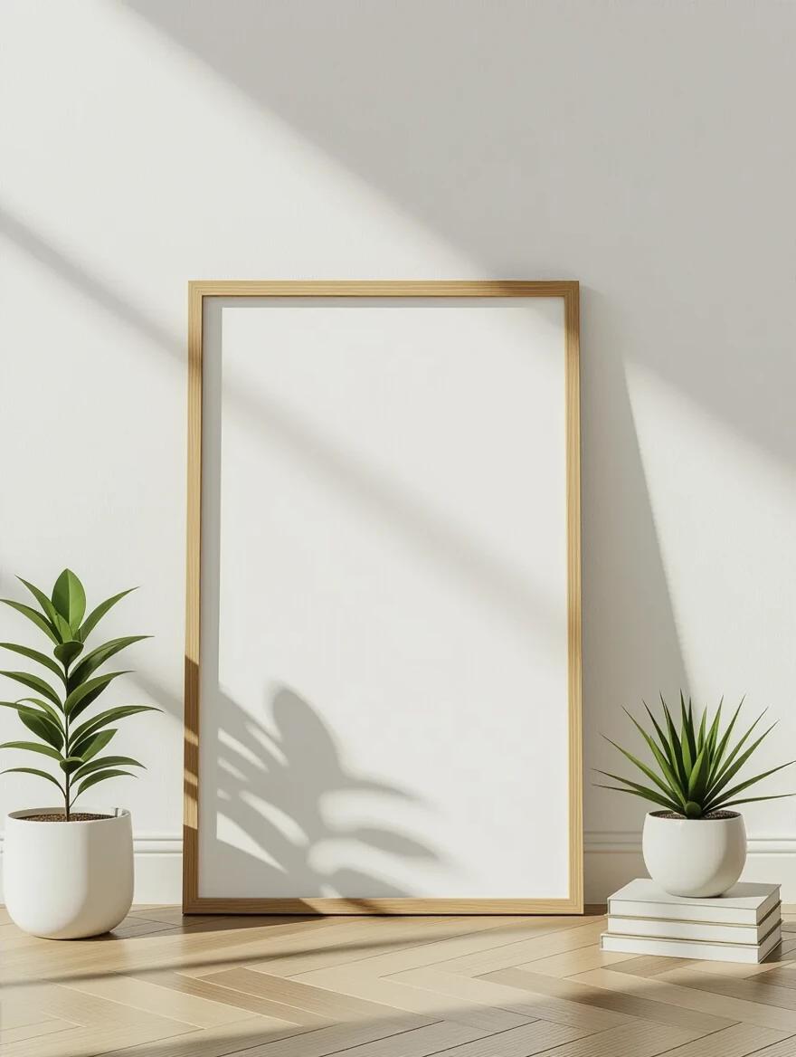 Photorealistic scene of an empty picture frame leaning against a light-colored wall. Frame is landscape orientation, A3 size. Thin wooden frame with a white surface inside. Frame stands alone on wooden floor with small potted plants or stack of books nearby. Soft and even lighting creates calm atmosphere.