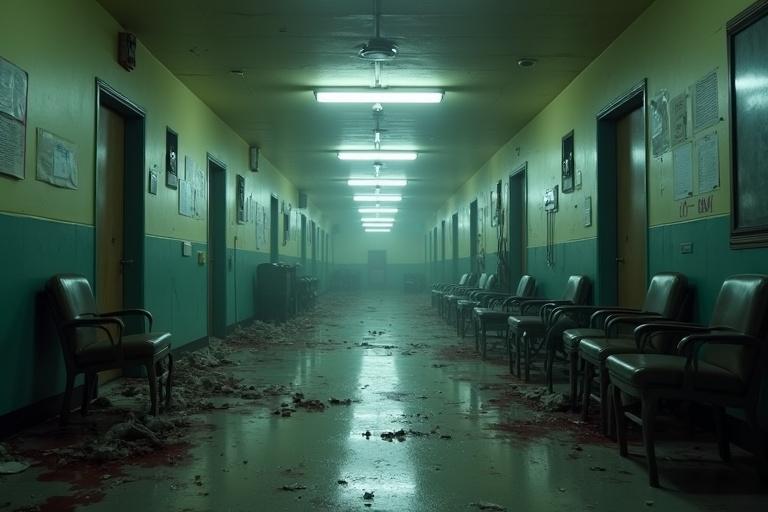 Interior shot of a hospital lobby. Dim lighting from flickering fluorescent bulbs. Floor has dried blood and debris with overturned wheelchairs. Dust particles in the air catch light. Walls show cracked paint and faded posters. An eerie atmosphere with silence and distant noises.