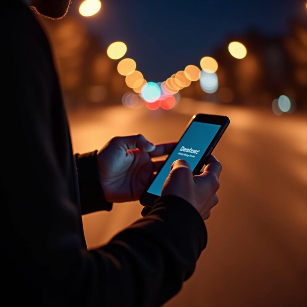 Close-up view of hands using smartphone at night. Warm streetlights create bokeh effect in background.