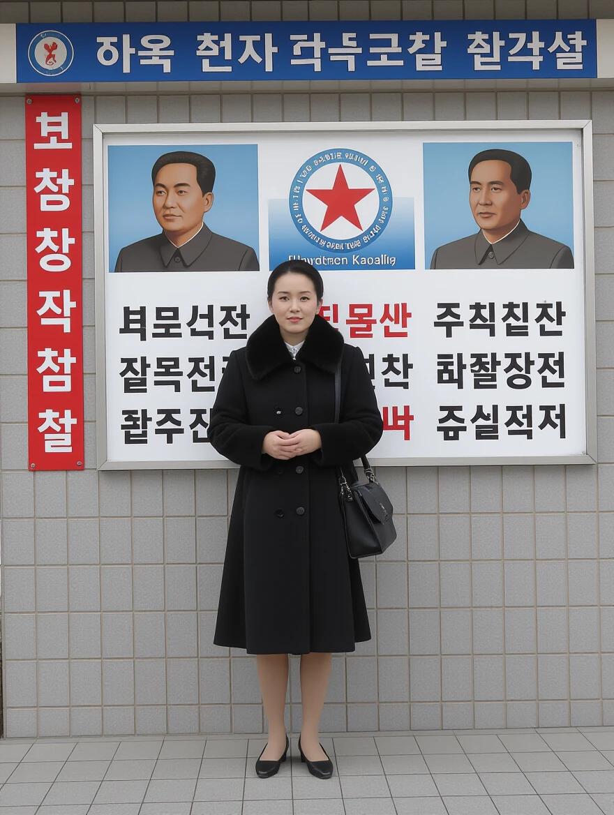 A woman standing in a black coat in front of a North Korean sign. The background features images of political figures and propaganda. Capturing daily life in North Korea.