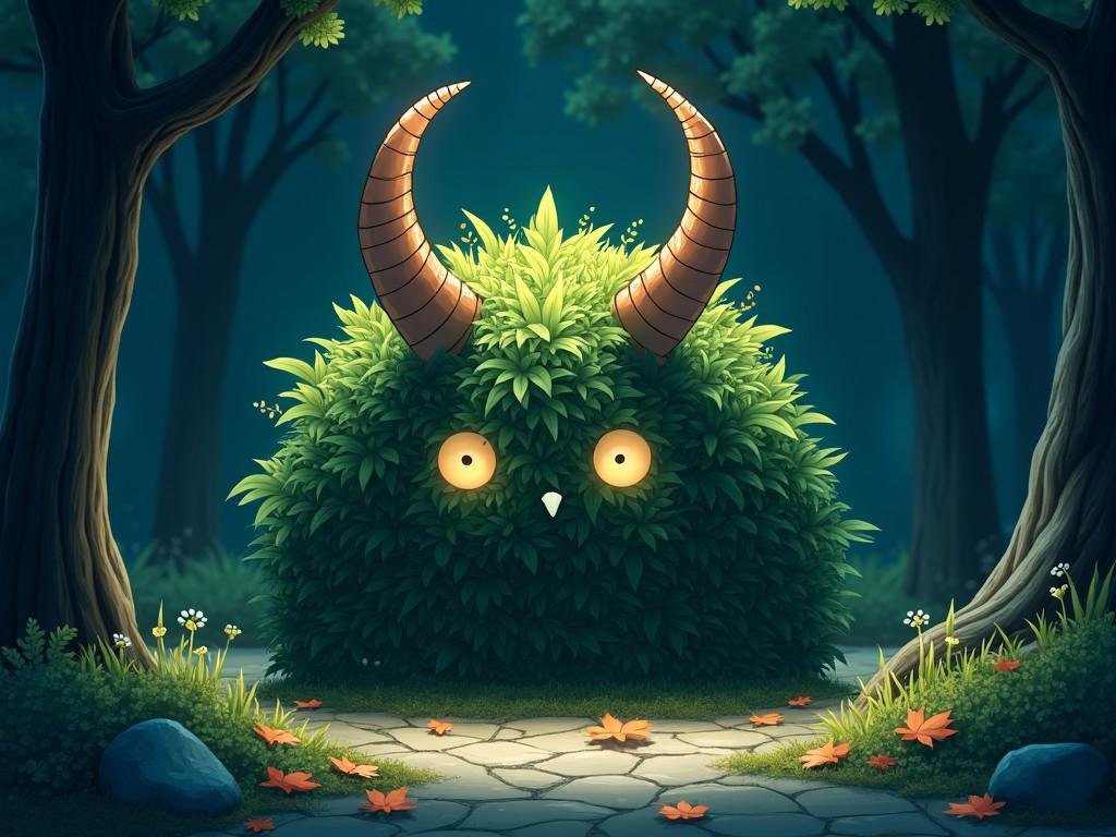 In a nighttime setting illuminated by soft light, focus on a bush that subtly resembles the face outline of a figure with horns. The creature's features blend seamlessly with the foliage, capturing an ethereal presence. Create this figure in a highly detailed Studio Ghibli style, emphasizing whimsical elements like large expressive eyes and intricate textures on the horns and leaves. The surrounding area is filled with fallen leaves and shadows that enhance the magical atmosphere. Use vibrant colors to bring this enchanting scene to life, maintaining a sense of mystery and wonder.