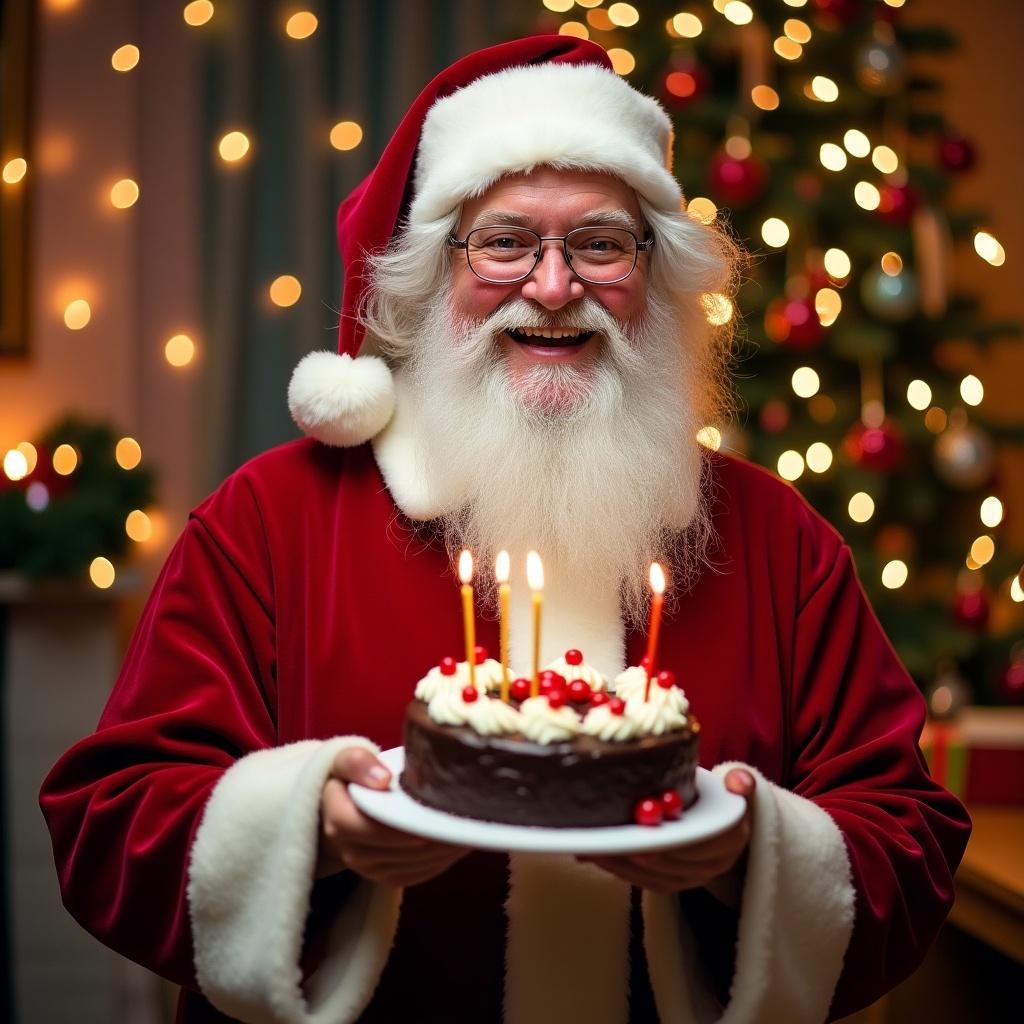 Santa Claus holds a cake with lit candles. Background features a Christmas tree with lights. Santa wears a traditional red suit. Cake decorated with berries. Smiling expression. Warm festive atmosphere.