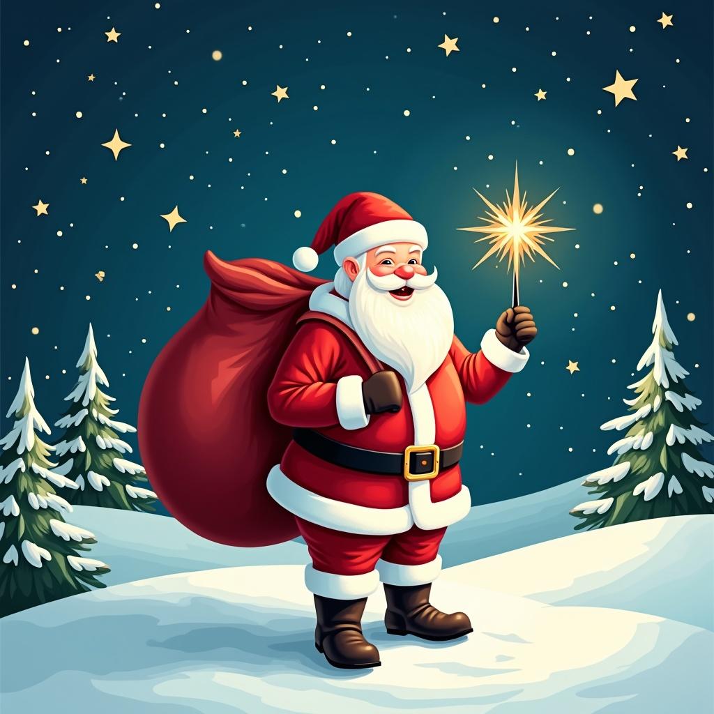 The image features a cheerful Santa Claus standing in a snowy landscape. He has a large red sack slung over his shoulder and is holding a sparkly wand. Santa is dressed in his traditional red and white outfit, complete with a belt and boots. Behind him, the night sky is illuminated with twinkling stars. Pine trees dot the snowy ground, encapsulating a festive winter atmosphere.